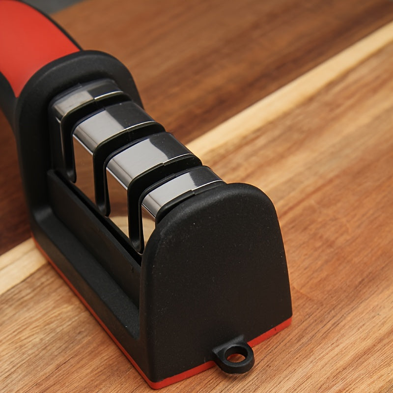 Portable 4-in-1 knife sharpener for kitchen and outdoor use, no power required.