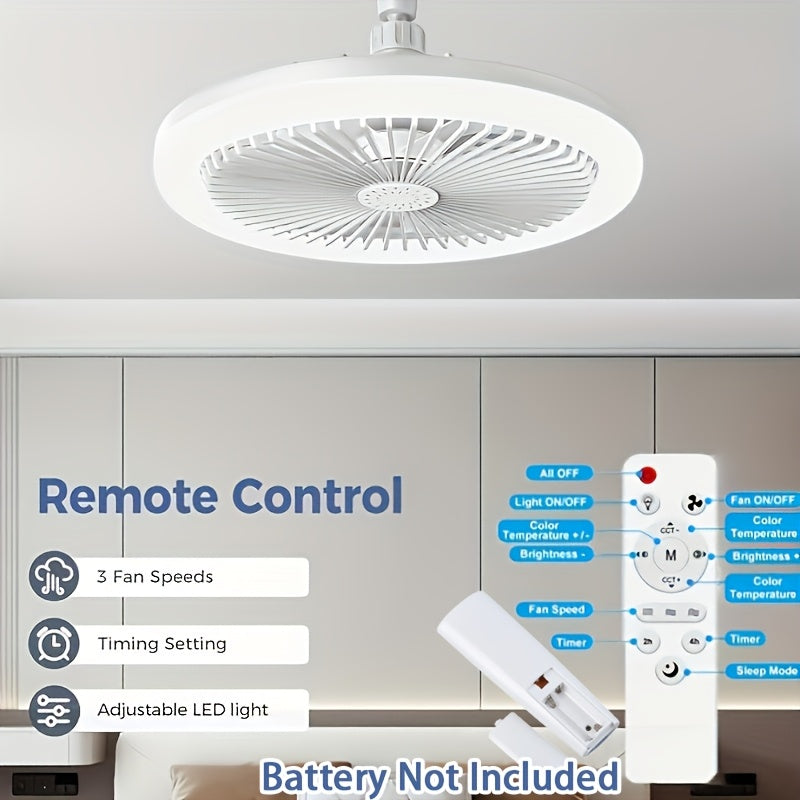 17-mode smart LED fan with light, 3-speed dimmable ceiling fan, invisible bladeless design, remote control, E27 interface, indoor use, modern flush mount for home, office, restaurant.