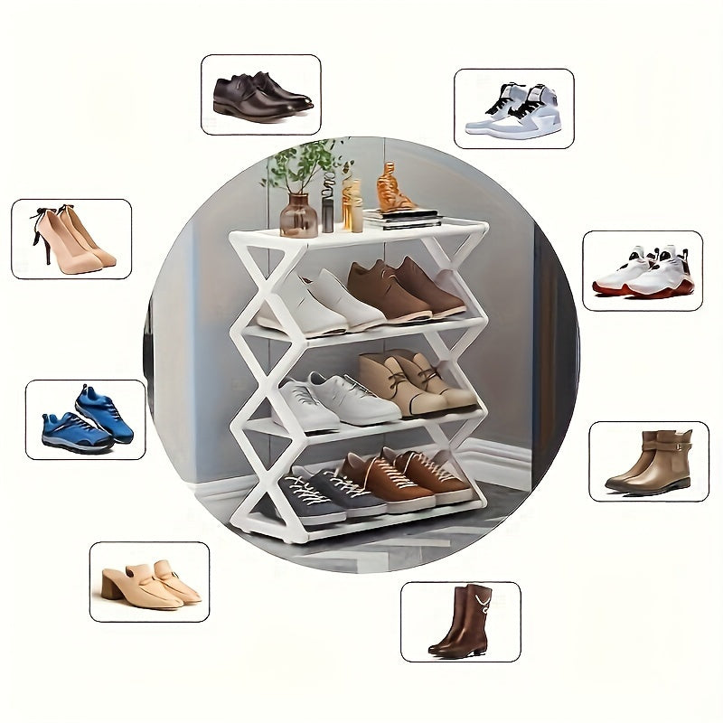 Modern shoe organizer rack with four tiers, made of black plastic and stainless steel. Can be easily assembled without the need for drilling, and conveniently mounted on the floor. Provides space-efficient storage for both the living room and bedroom.