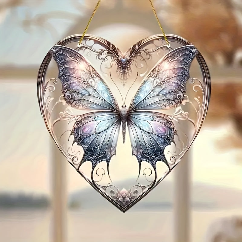 Glass window decoration pendant chain featuring a heart butterfly pattern, perfect for hanging in any room of the house as a beautiful and unique decoration. This versatile piece can be used in the bedroom, living room, kitchen, balcony, hallway, or