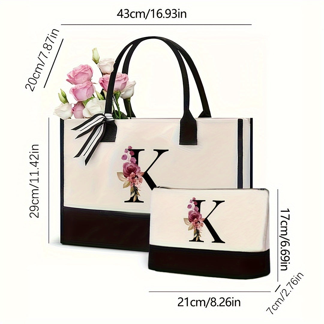 Simple letter handbag with canvas material and letter detail design. Large, versatile shopping bag that is perfect for office and work. Portable, lightweight shoulder bag for women.