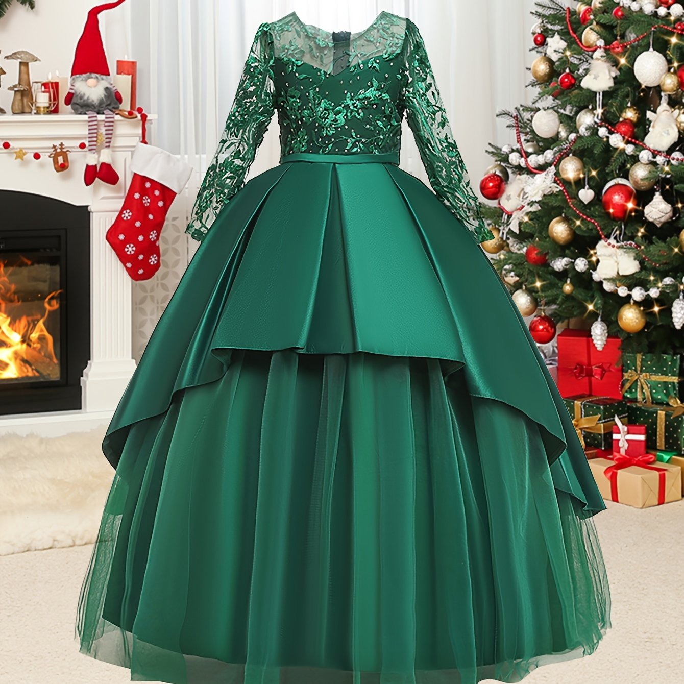 Stylish long sleeve tulle wedding dress with crew neck, polyester viscose fabric, and bow detail. All-season fit and flare costume for a princess-like look.