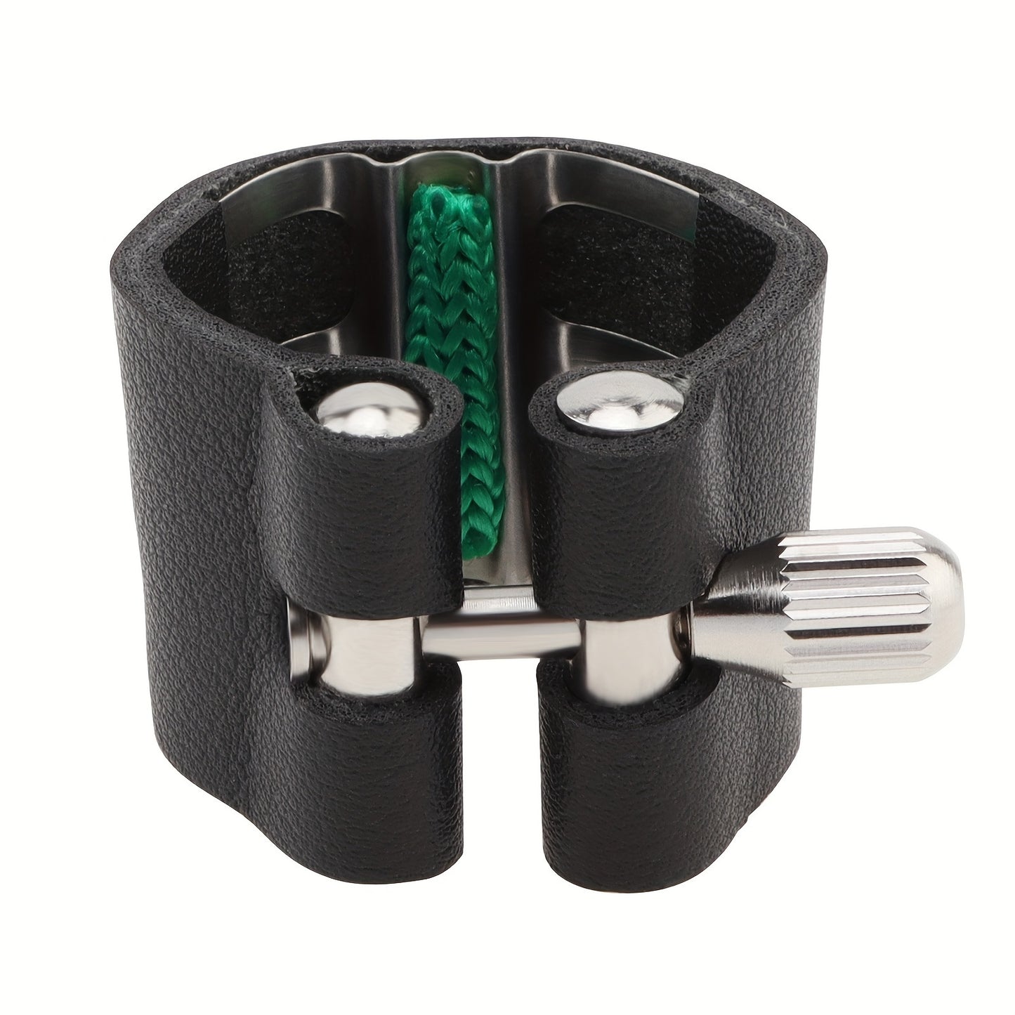 Black faux leather clarinet ligature with adjustable screws and shock-absorbing fastener for B flat clarinet.