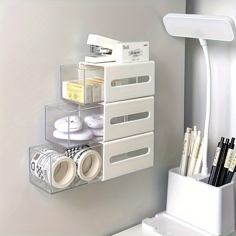 Versatile wall-mounted storage organizer with drawer for bathroom, office, and dorm. No-drill flip design for cosmetics and hair accessories.