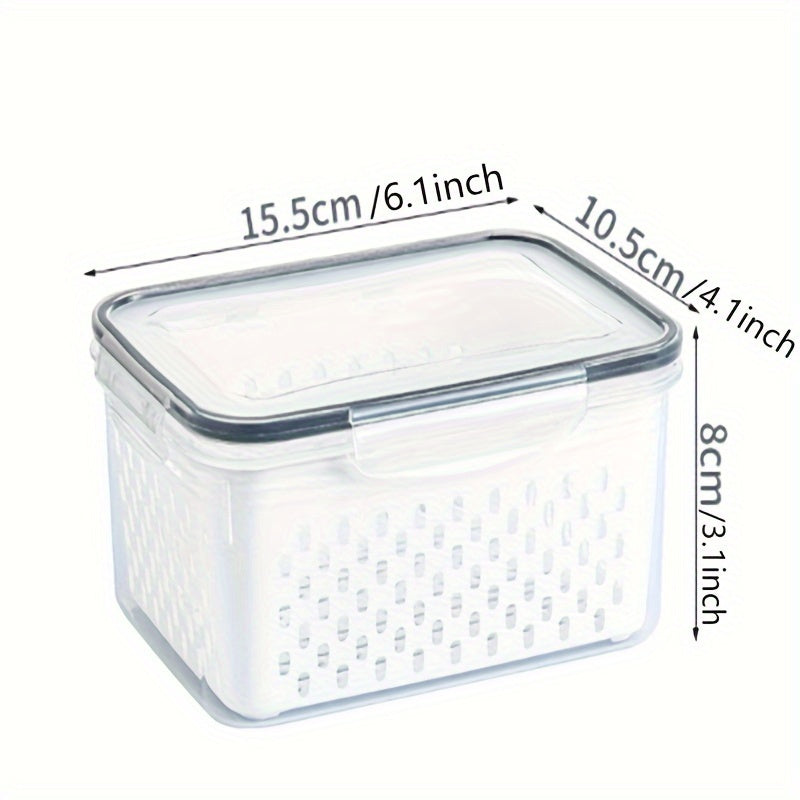 Reusable airtight plastic food storage containers featuring removable colanders, clip-on seal, and rectangle produce savers. Dishwasher safe and great for storing fresh berries, fruits, vegetables, and meat.