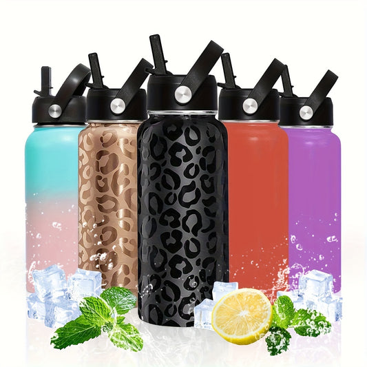 Insulated sports water bottle, 32oz, with straw and lid for outdoor activities and travel.