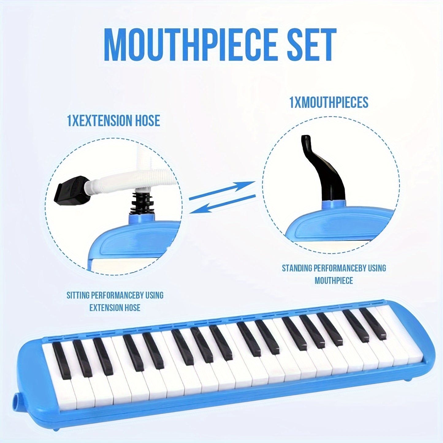 Eavanbaek 37-Key Soprano Melodica - Portable Air Piano Keyboard with Soft Long Tube, Short Mouthpiece & Carrying Bag - Offered in Black/Blue/Pink