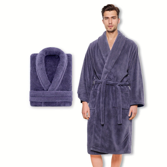 Soft machine-washable fleece bathrobe with shawl collar for both men and women.