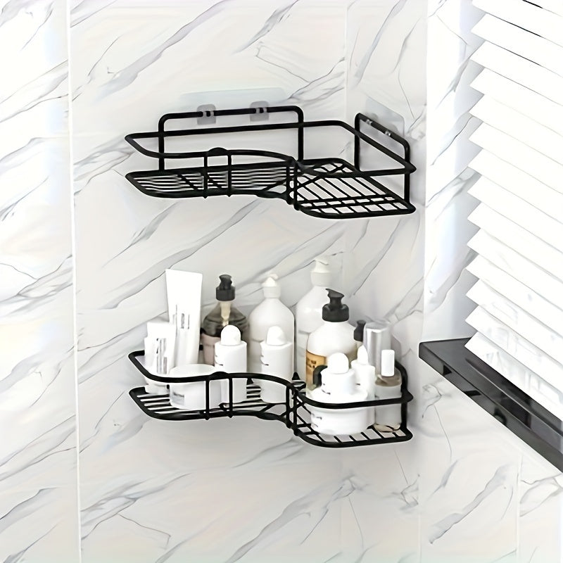 Wall-mounted shower caddy organizer for toiletries with adhesive hook.