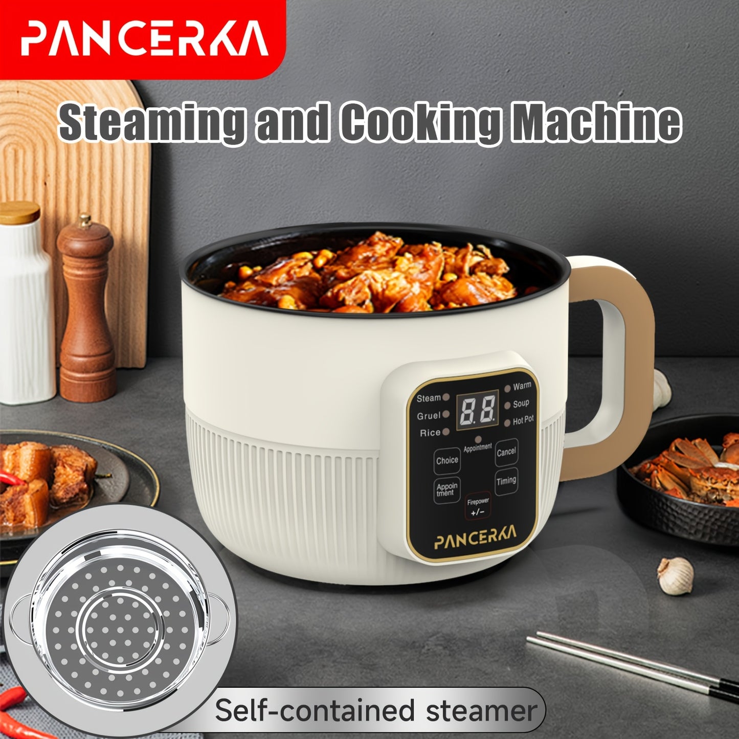 1.0L Mini Electric Cooking Pot with Steamer for Household Use, Multifunctional Hot Pot with Non-Stick Smart Model and European Standard Plug