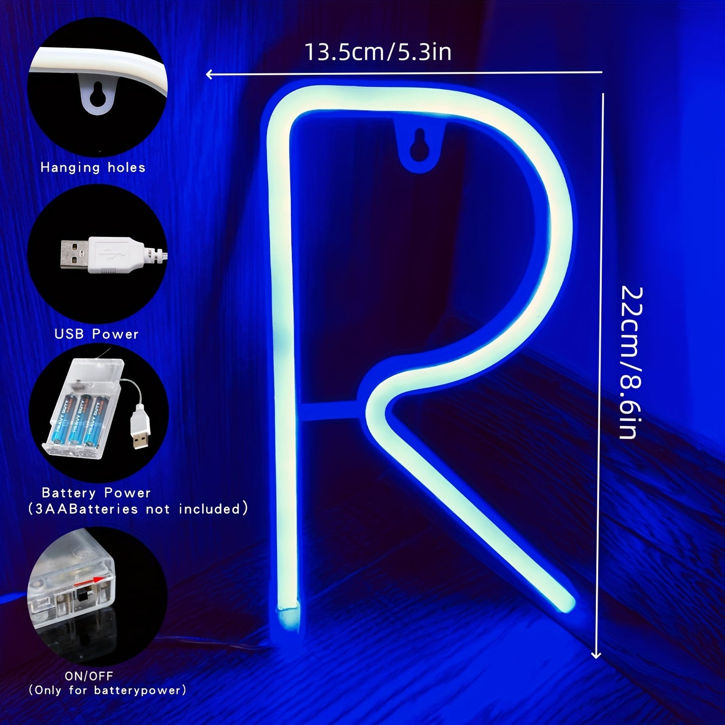 Neon LED letter light sign, powered by USB or batteries, perfect for bedroom decor or special occasions.