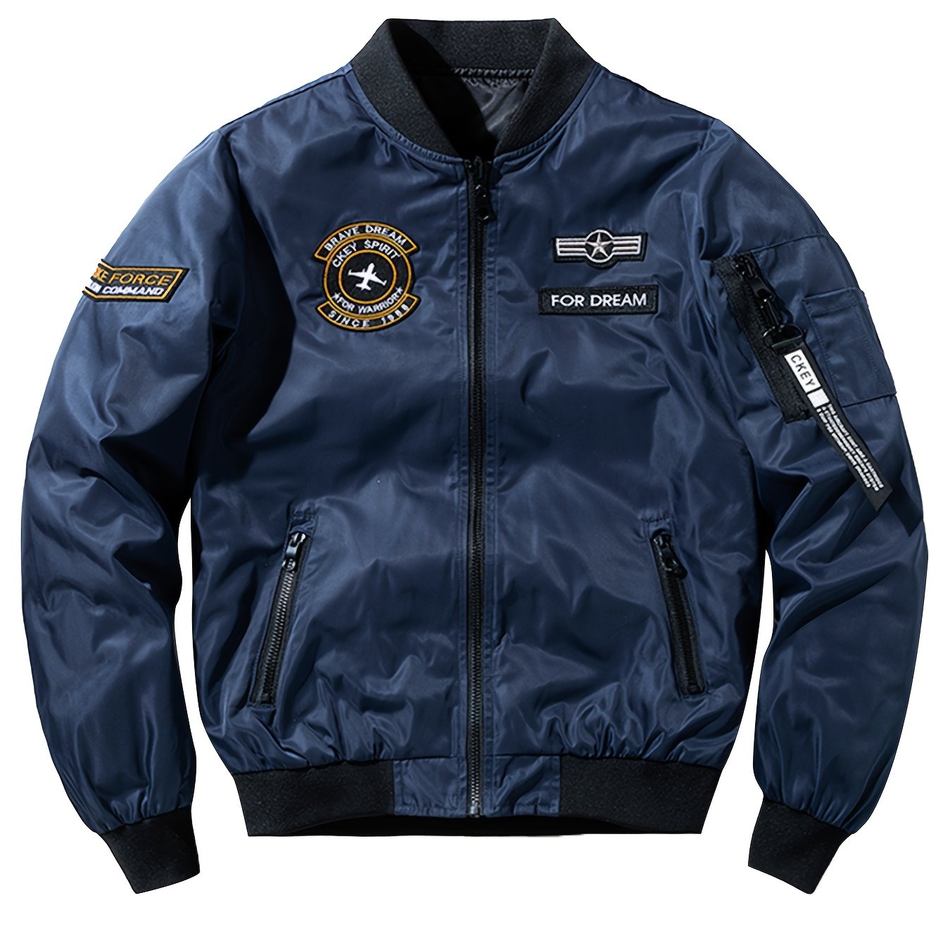 Men's bomber jacket with embroidered "FORCE" patch, windproof and warm polyester construction, zip-up design, ideal for spring and fall casual wear.