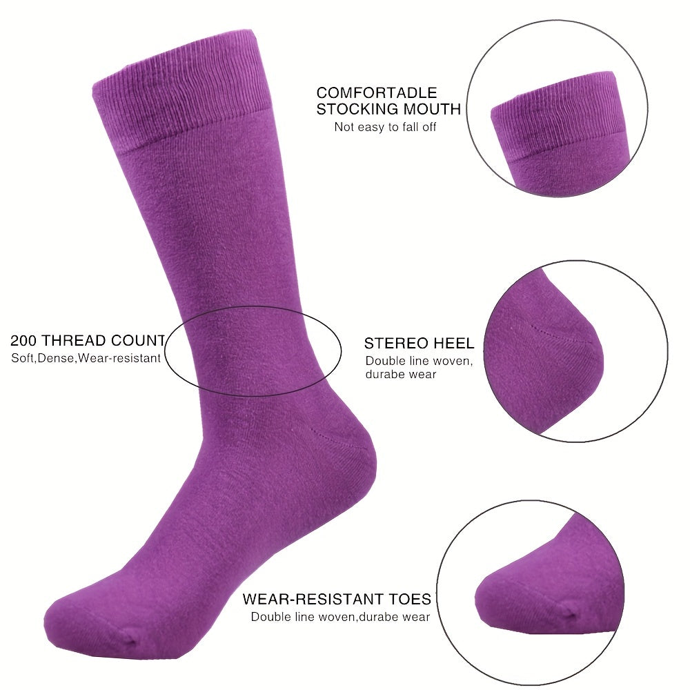 10 pairs of men's colorful fashion dress socks made of cotton that are sweat resistant, anti-odor, comfortable, and over the calf.