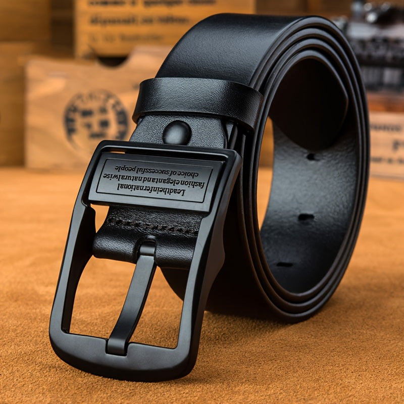 Stylish men's faux leather belt with vintage buckle, suitable for business and casual wear, available in multiple lengths.