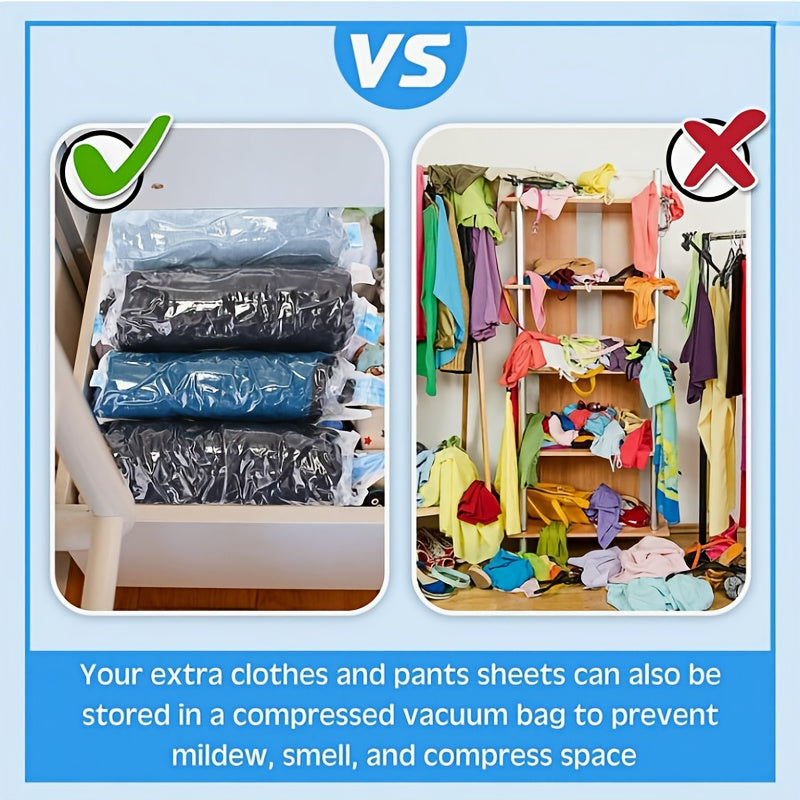 Space saving just got easier with our 4-Pack of Compression Storage Bags! These innovative bags do not require a pump, simply roll up to remove excess air and compress your clothes for maximum storage space. Perfect for organizing clothes, luggage, and