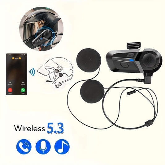 Wireless motorcycle helmet headset with music player, call control, and rechargeable Type-C. Non-waterproof plastic construction with data cable in OPP bag. Features versatile microphone