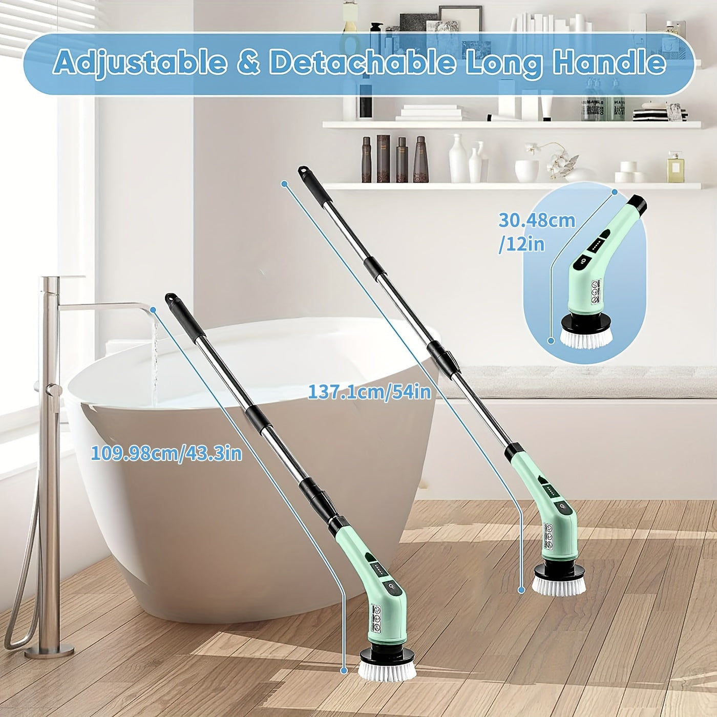 The Electric Spin Scrubber is a cordless cleaning brush that features dual-speed settings, an adjustable and detachable handle, and comes with 7 replacement heads. It is powered by a USB rechargeable 2000mAh lithium battery, making it perfect for