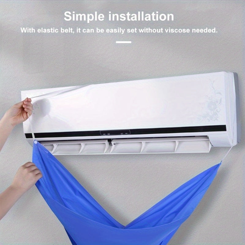 Reusable, self-adhesive protective bag for AC maintenance and washing with water pipe, designed for wall-mounted air conditioners. Blue cover is waterproof and easy to clean.