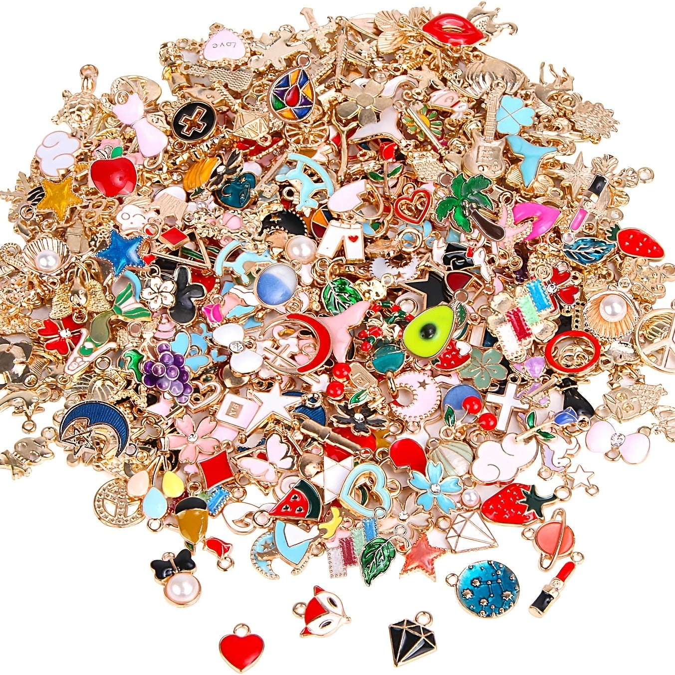 50 pieces of assorted golden enamel plated charms made of zinc alloy, perfect for DIY jewelry making to create pendants for necklaces, bracelets, earrings, and fabric accessories. Craft supplies included.