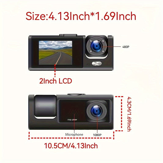 3-Channel Dash Cam with Front and Rear Interior cameras, 1080P resolution, IR Night Vision, and Loop Recording. Includes 5.08 cm IPS Screen.