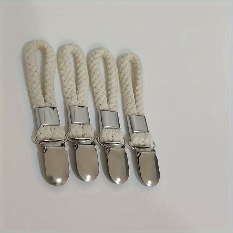 Set of two or four braided cotton loop towel clips with metal clamps for home and kitchen use.