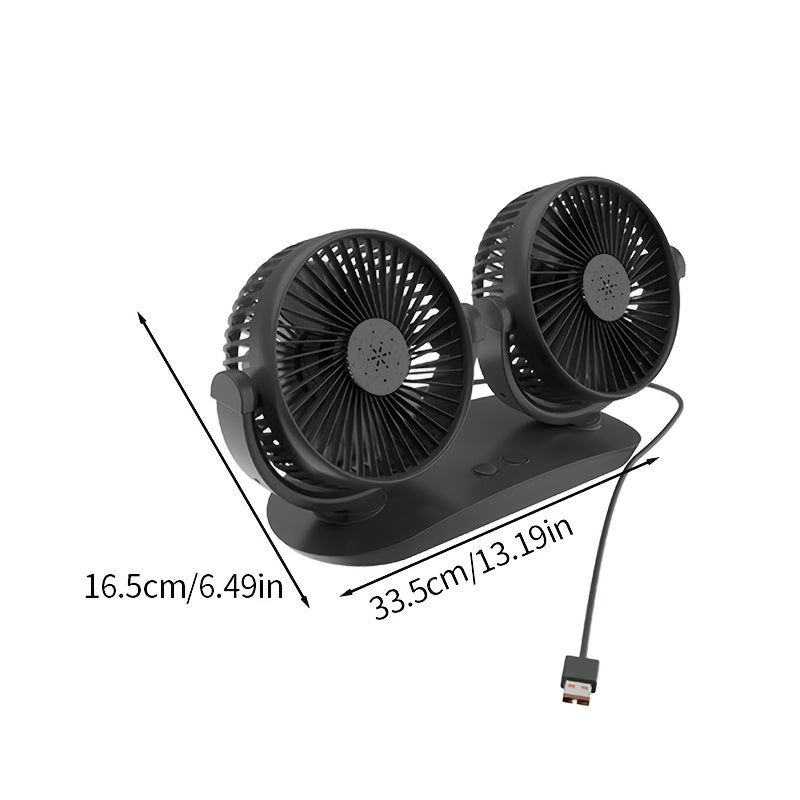 The Dual-Head USB Car Fan features three-speed wind adjustment, an aromatherapy cover, dual switches, multi-angle rotation, a brushless motor, lightweight and portable design, low noise operation, USB powered for energy-saving, a grid mesh cover, a