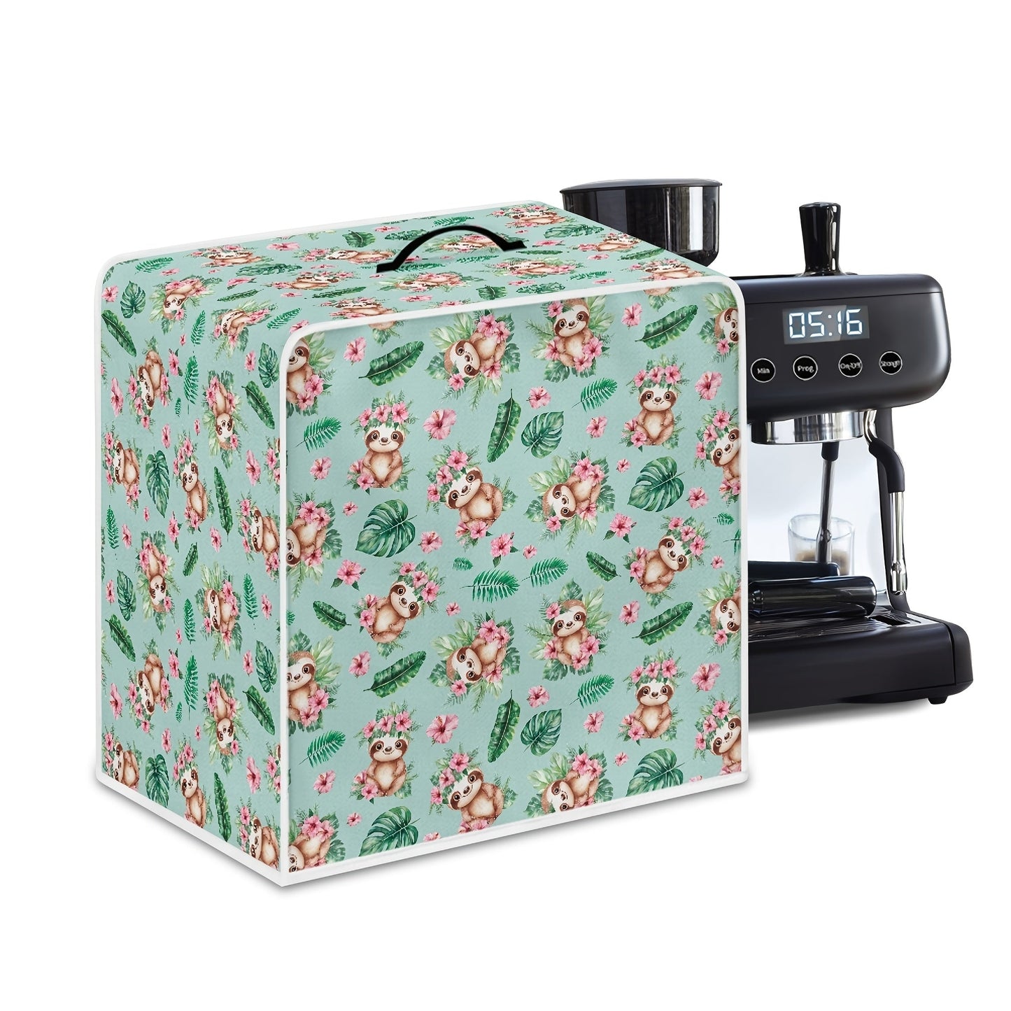 Washable Coffee Machine Cover with Sloth & Butterfly Design, Soft Fabric Dust Protector for Small Kitchen Appliances, Palm Leaves & Floral Pattern, Includes Handle for Easy Use, Food-Safe Material, Compatible with Non-Electric Models