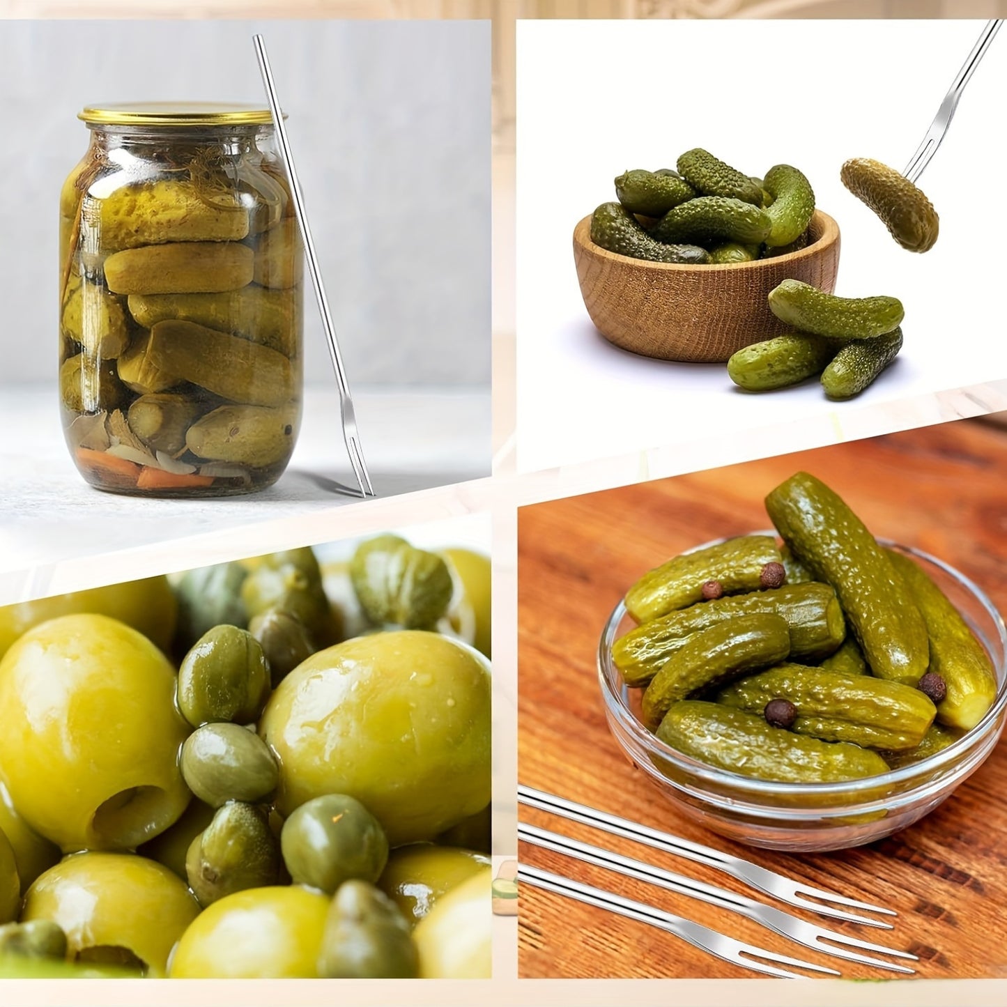 Stainless steel forks for serving and picking up pickles and olives.