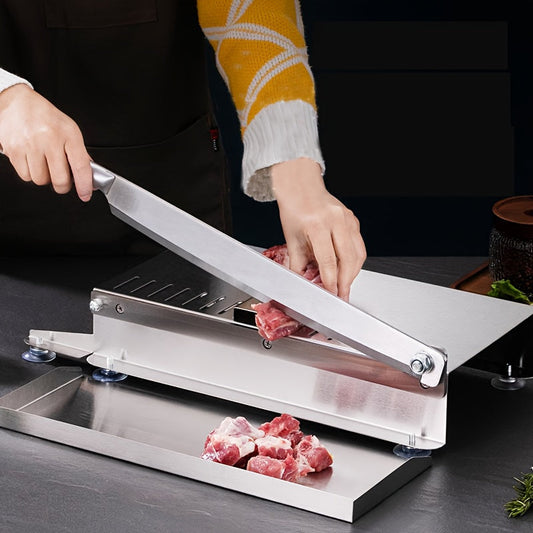 Get your hands on the 1pc Handheld Stainless Steel Food Slicer! This manual mandoline slicer features a 9-inch heavy-duty design with a square blade, perfect for slicing ham, frozen meat, beef, fruits, and vegetables. Say goodbye to dull knives and