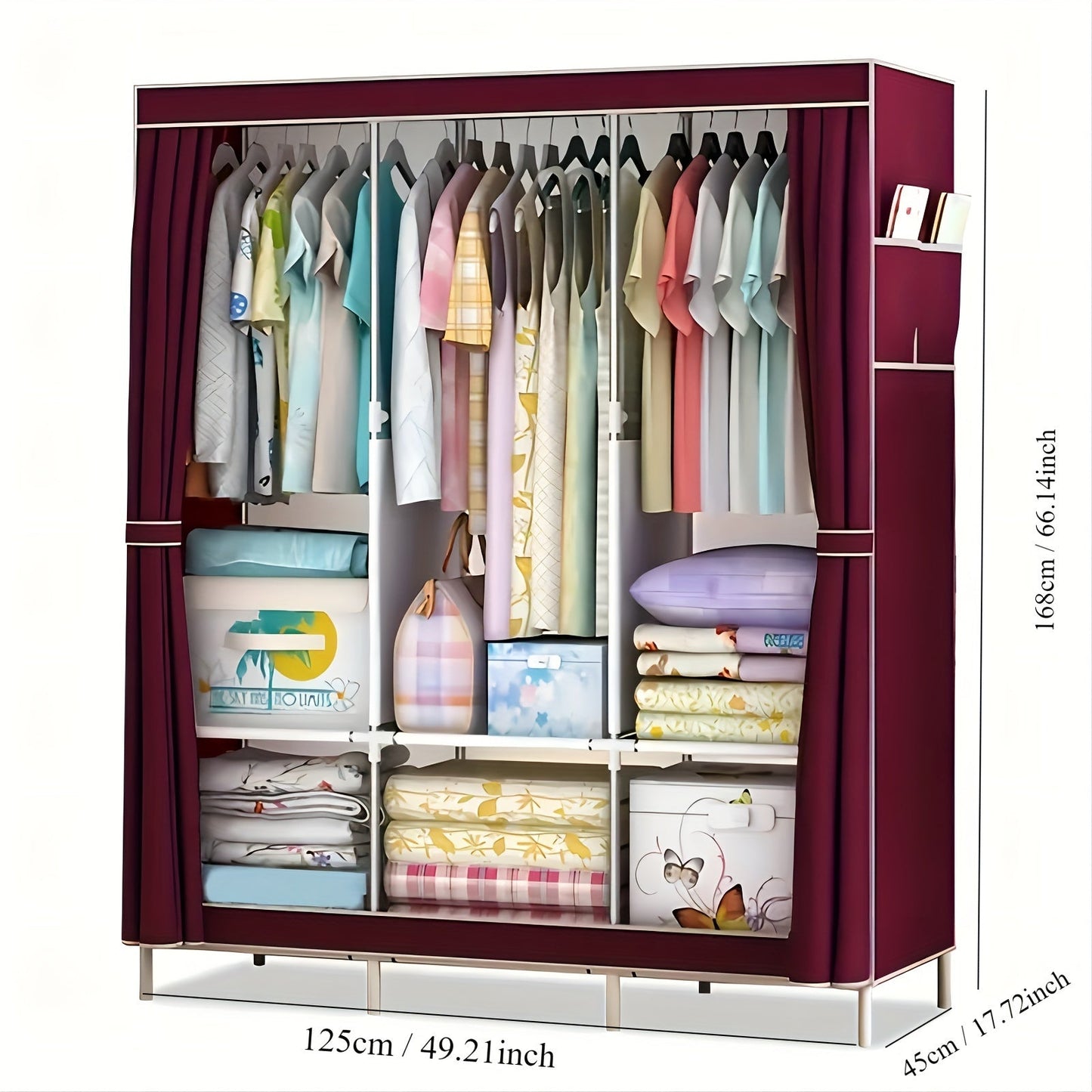 Metal Fabric Wardrobe Organizer with Clothing Storage Rack, Easy Assembly Closet System for Shirts, Clothes, and Quilts. Versatile storage solution for home, dorm, or bedroom. Requires no power, weather-resistant, and weighs under 13.61KG with a height