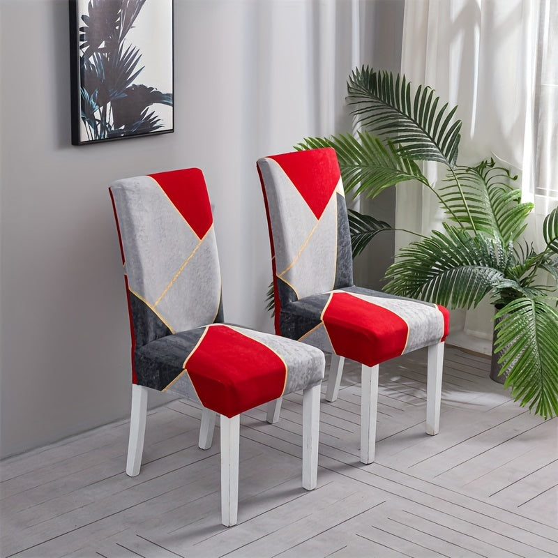 Set of 4/6 elastic dining chair slipcovers with geometric print for home, hotel, restaurant, banquet decor protection.