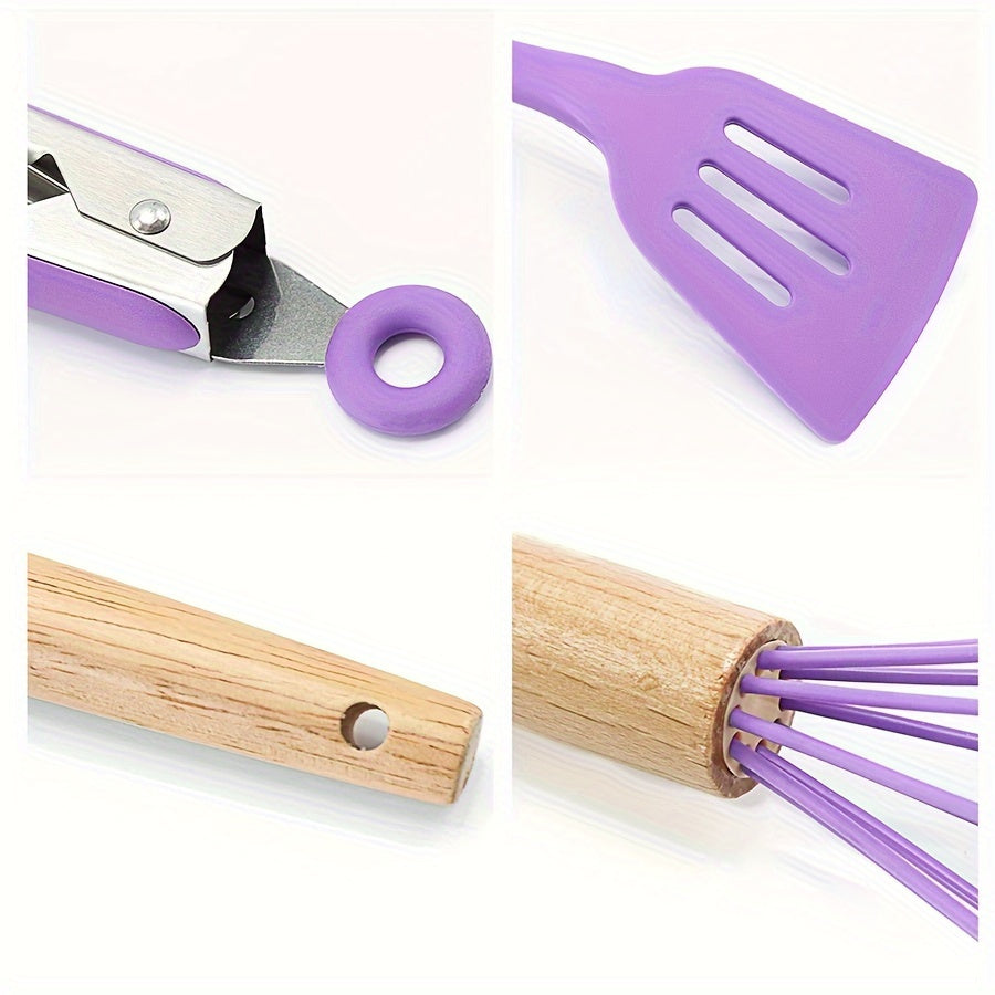 Set of 11/12 pieces Kitchenware with Wooden Handles, including Silicone Non-stick Pot, Cooking Shovel, Spoon, Storage Bucket, and Non-stick Shovel. An essential collection of high-quality kitchen utensils and items.