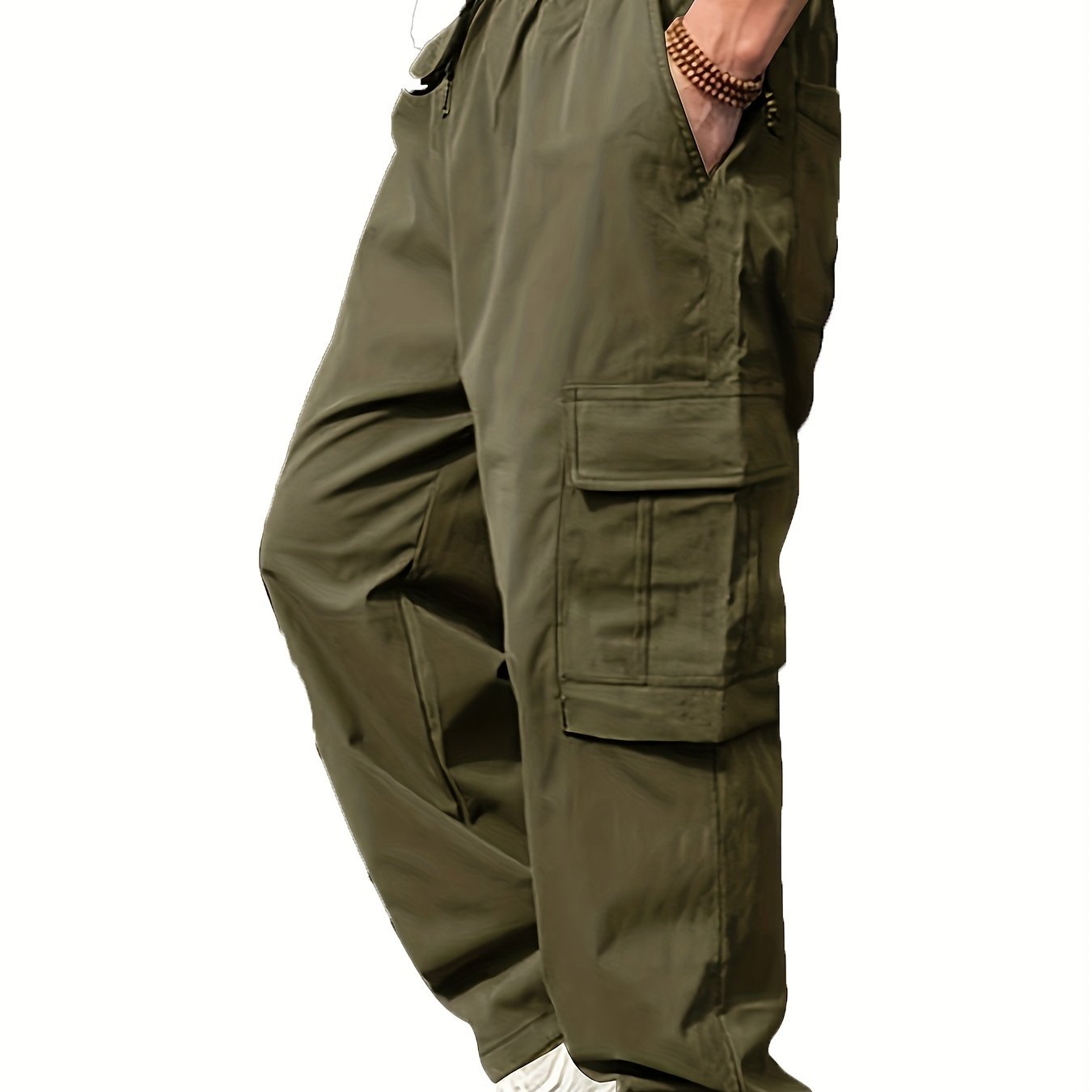 Men's cargo pants for outdoor activities with multiple pockets and drawstring waist.