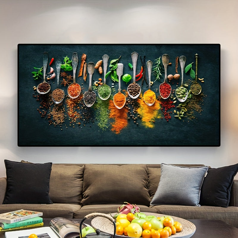 Spice-themed kitchen wall art canvas adds vibrancy to your home decor with a modern matte finish, perfect for the living room or kitchen. Frameless, removable, and reusable design.