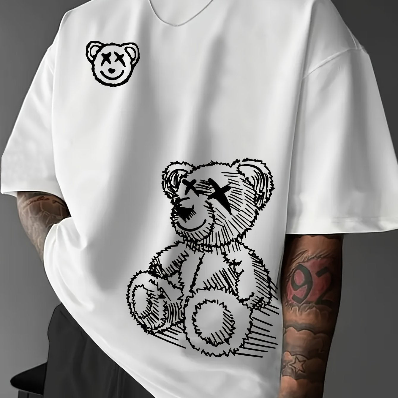 Men's Casual Bear Graphic Tee - Soft Polyester, Crew Neck, Short Sleeve, Summer Fashion