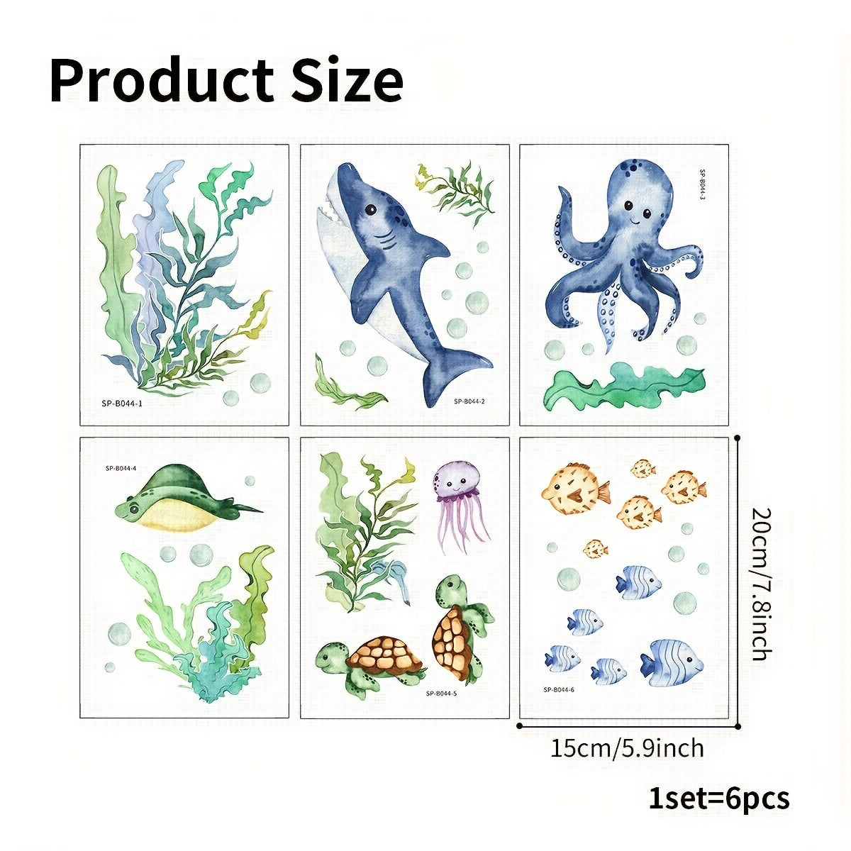 6 waterproof bathtub stickers featuring shark, seaweed, and octopus patterns to prevent slipping.