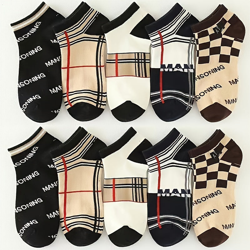 10 pairs of men's stylish ankle socks with letter pattern, made from breathable polyester blend.