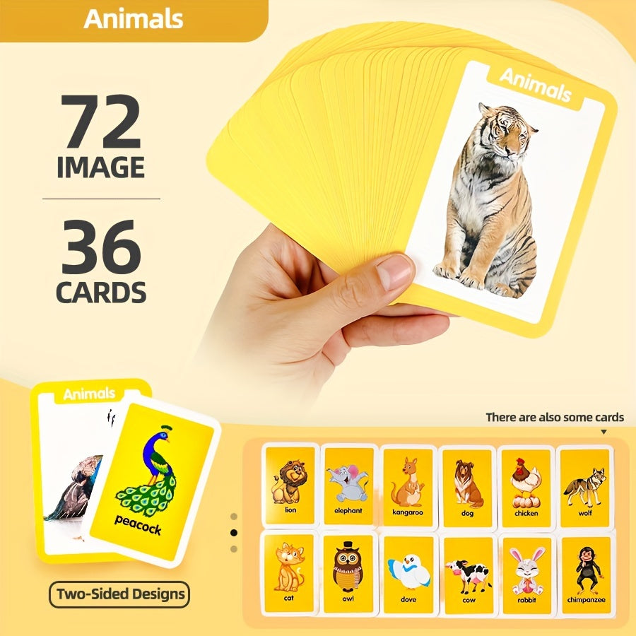 Educational flash cards for ages 3 and up - 36 bilingual double-sided cards featuring animals, fruits, vegetables, foods, shapes, and body parts - paper teaching aids in mixed colors