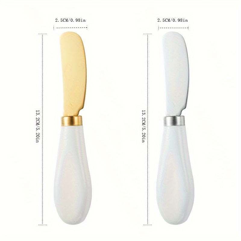 Stainless steel cheese knife set with ceramic handles for spreading butter, jam, cream, and cutting bread or cake.