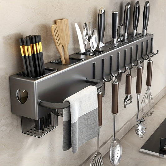 Easy to install kitchen organizer - No drilling required! This wall-mounted holder is perfect for knives and utensils, offering multi-functional storage for all your cutlery and accessories.