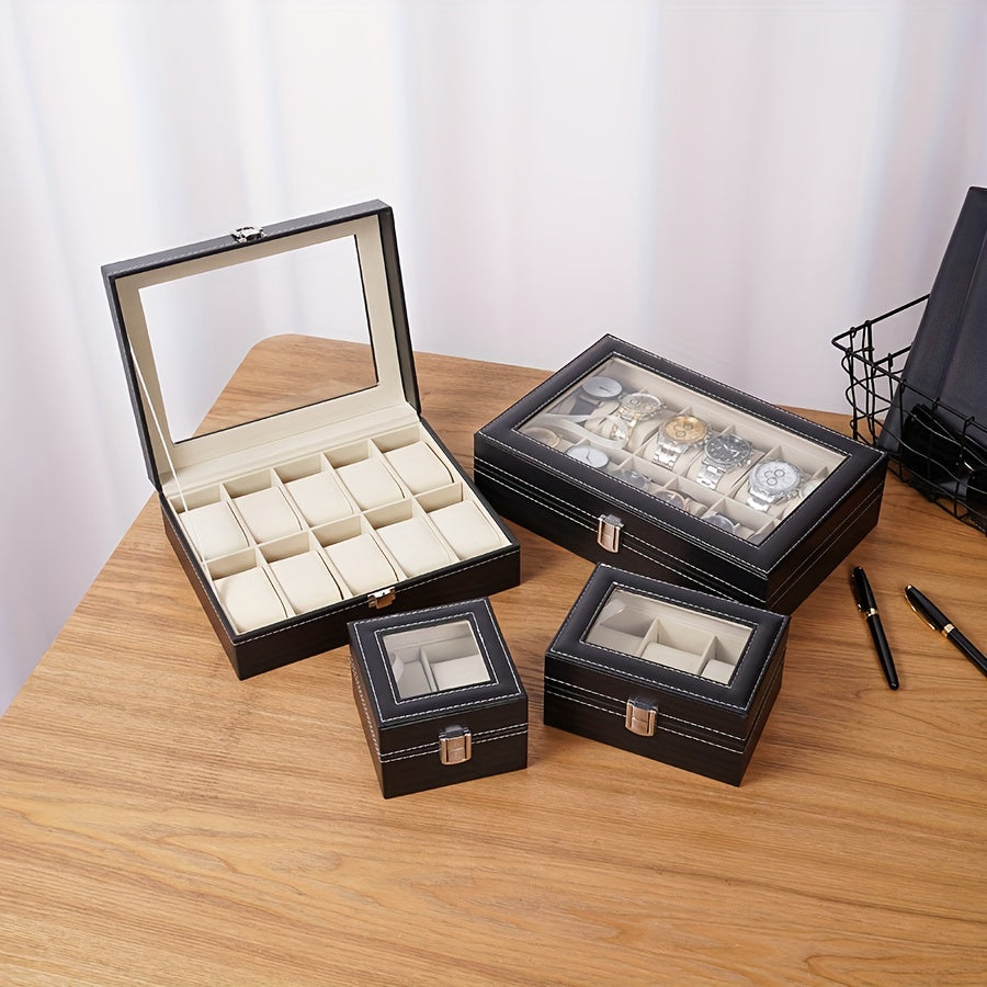 The Elegant Black Faux Leather Watch Storage Box is a popular choice for your timepiece collection. Whether you have 2, 6, 10, or 12 watches, this square flip-top design box will keep them safe and organized. The soft interior and pen holder add a touch