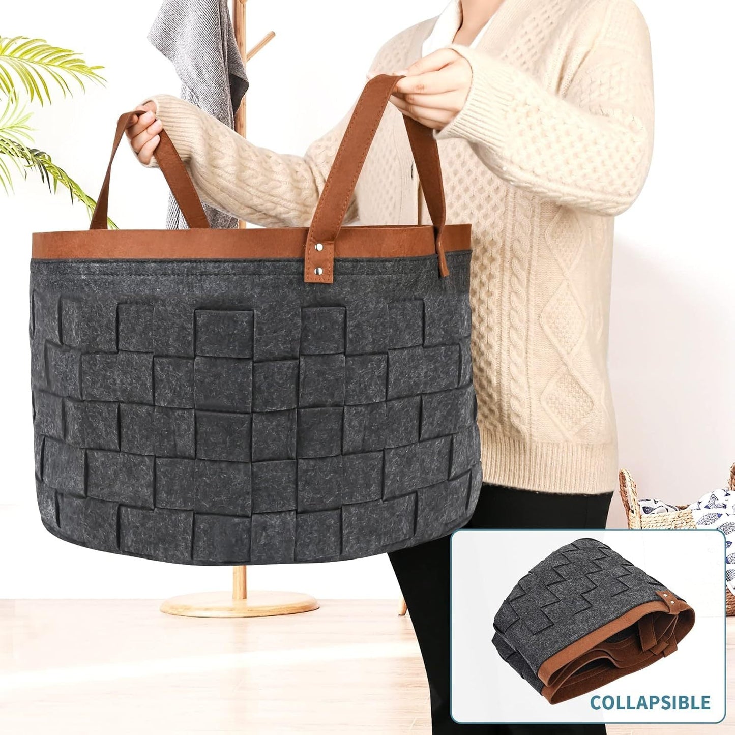 Elegantly designed with reinforced handles, this felt firewood basket is a stylish and sturdy storage solution for your fireplace or wood stove. It is collapsible and perfect for holding logs, clothes, books, and other items in a neat and organized