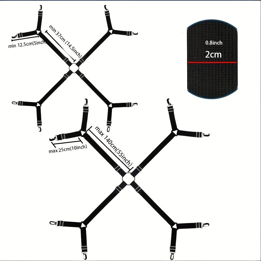 Household Bed Sheet Fixers With 8 Clips - Adjustable Elastic Clips for Sofa Bed Sheets, Tablecloths and More. Prevents Sheets from Slipping and Running.