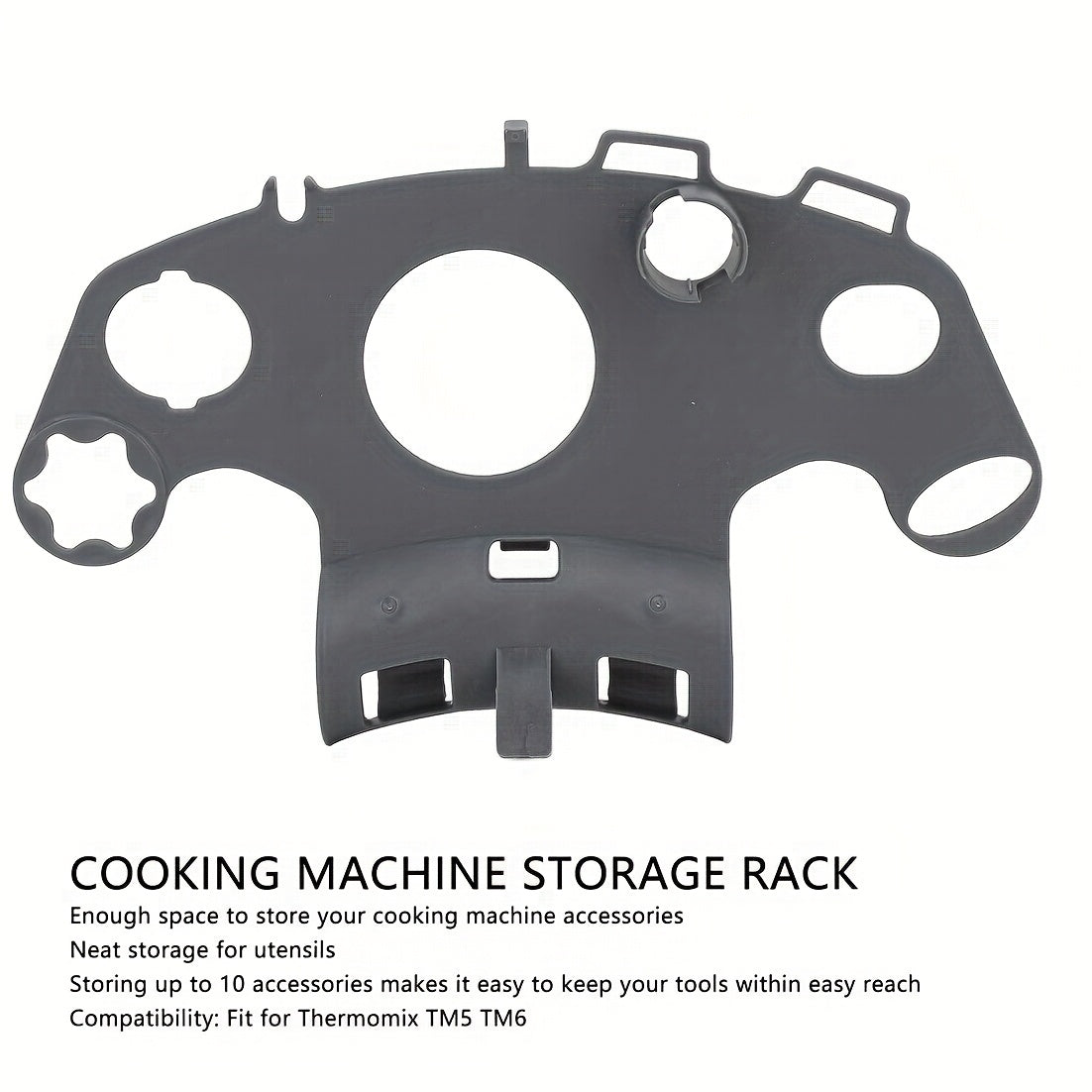 Introducing the Thermomix Accessory Organizer Rack, specially designed for TM5 and TM6 models. Crafted from sturdy plastic, this sleek rack features an open storage design to accommodate 9 tools without needing electricity. Say goodbye to cluttered