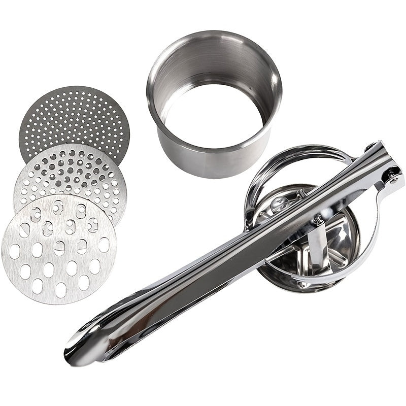 Kitchen Tools Set: Stainless Steel Potato Masher with 3 Interchangeable Fine Scale Potato Flour Machines, Fruit and Vegetable Shredders