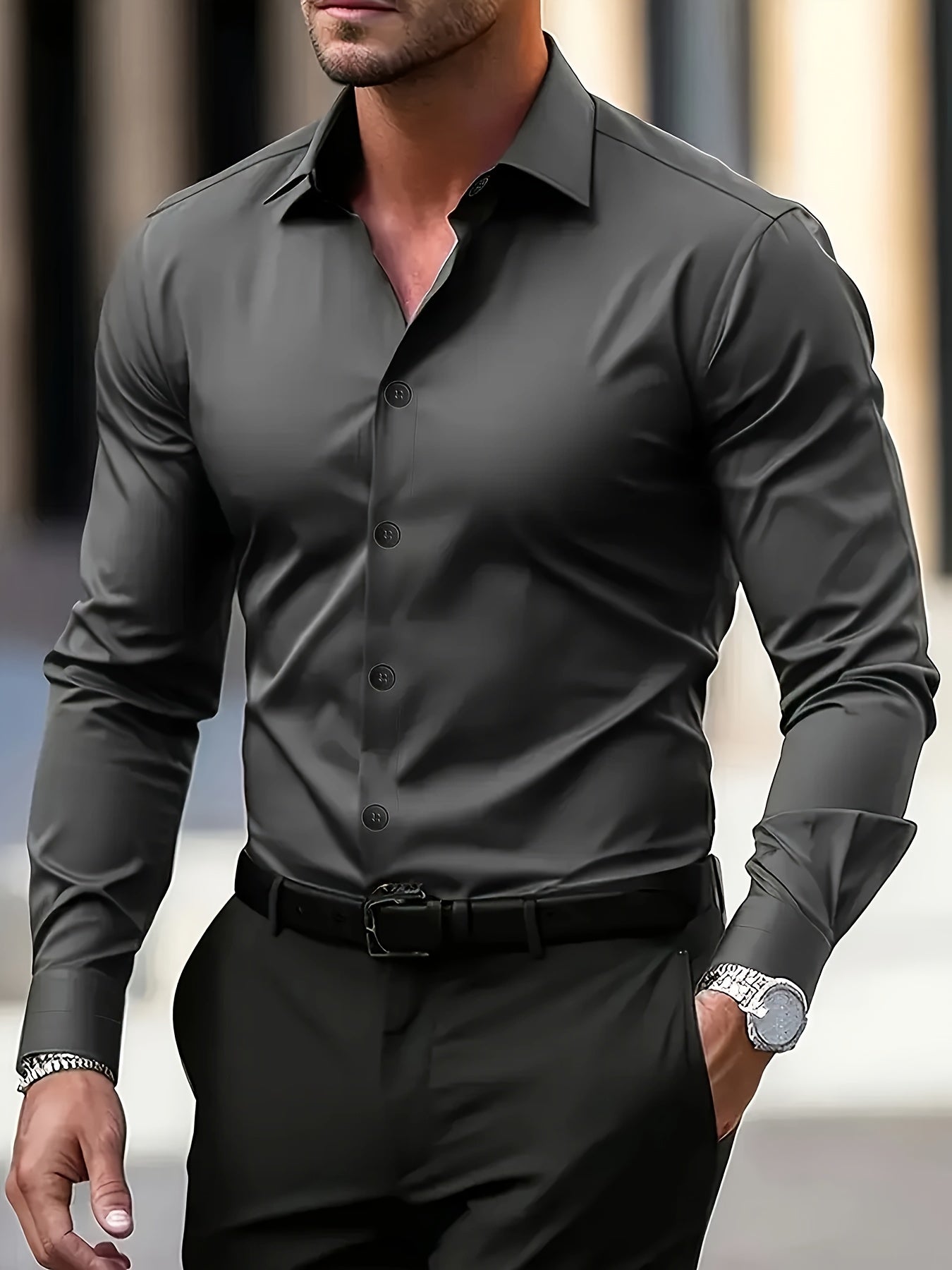 Men's Elegant Long Sleeve Button-Up Shirt made of casual polyester, non-stretch fabric for business and spring/fall.