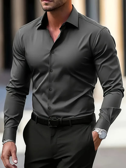 Men's Elegant Long Sleeve Button-Up Shirt made of casual polyester, non-stretch fabric for business and spring/fall.