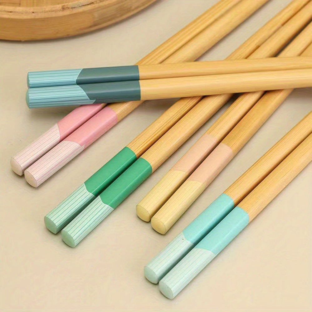 5 pairs of bamboo chopsticks that are antibacterial, anti-mold, anti-slip, carbonized, and high-temperature resistant. They are also reusable, lightweight, dishwasher safe kitchen supplies.