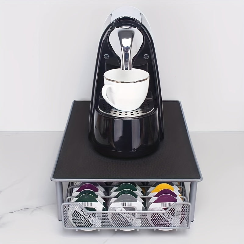 Iron Art Coffee Machine Base with 1pc Coffee Capsule Storage Drawer that can hold up to 60 capsules. Also includes a Coffee Bean Rack and Coffee Capsule Rack.