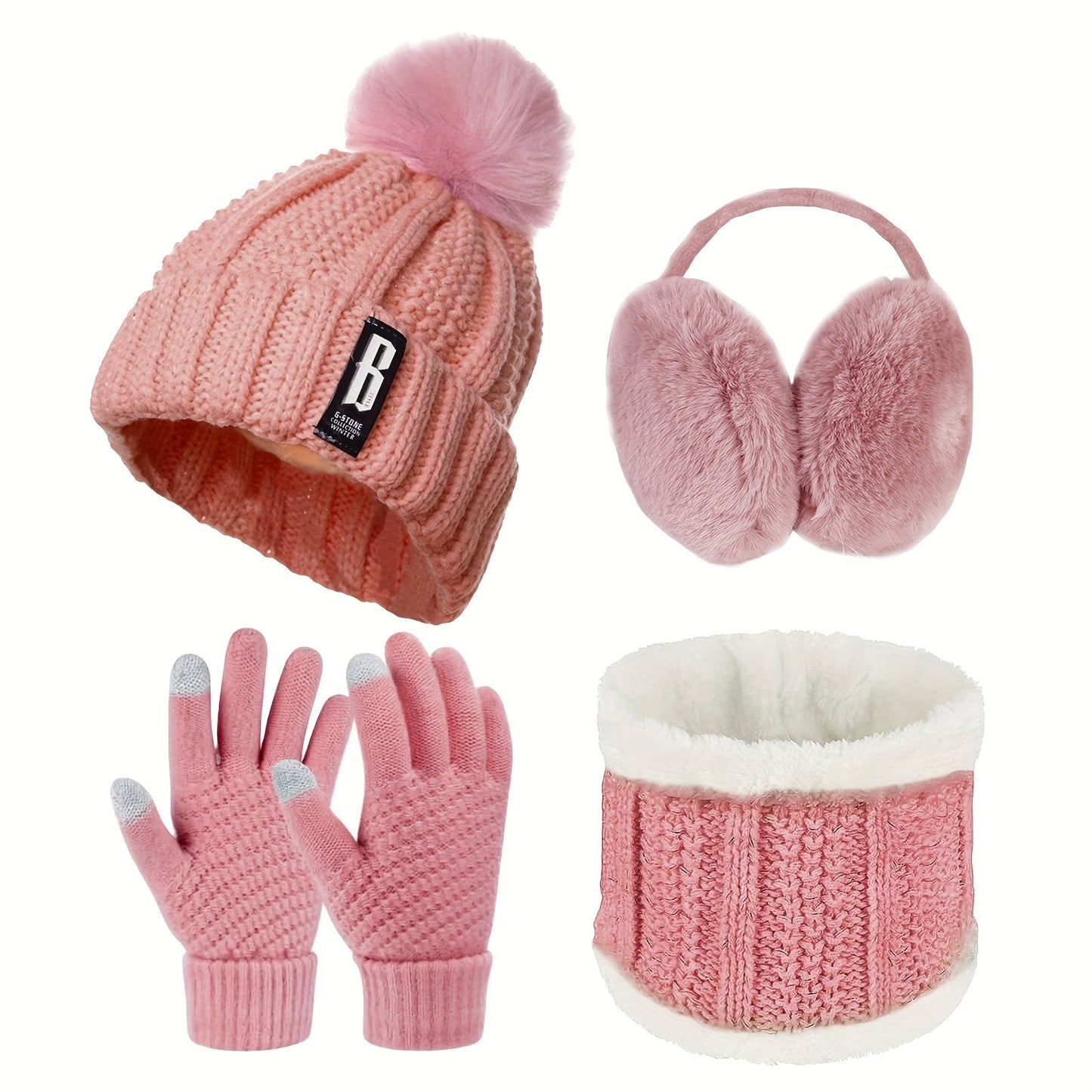 Winter Accessories Set for Women - Includes Polyester Knitted Beanie Hat with Pompom, Ear Warmers, Touch Screen Gloves, and Scarf - Perfect for Skiing and Outdoor Sports